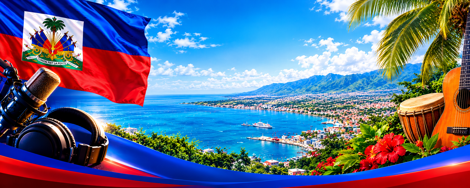 Haitian flag, microphone and coastal bay scene with the Haitian coastline, boats and mountains