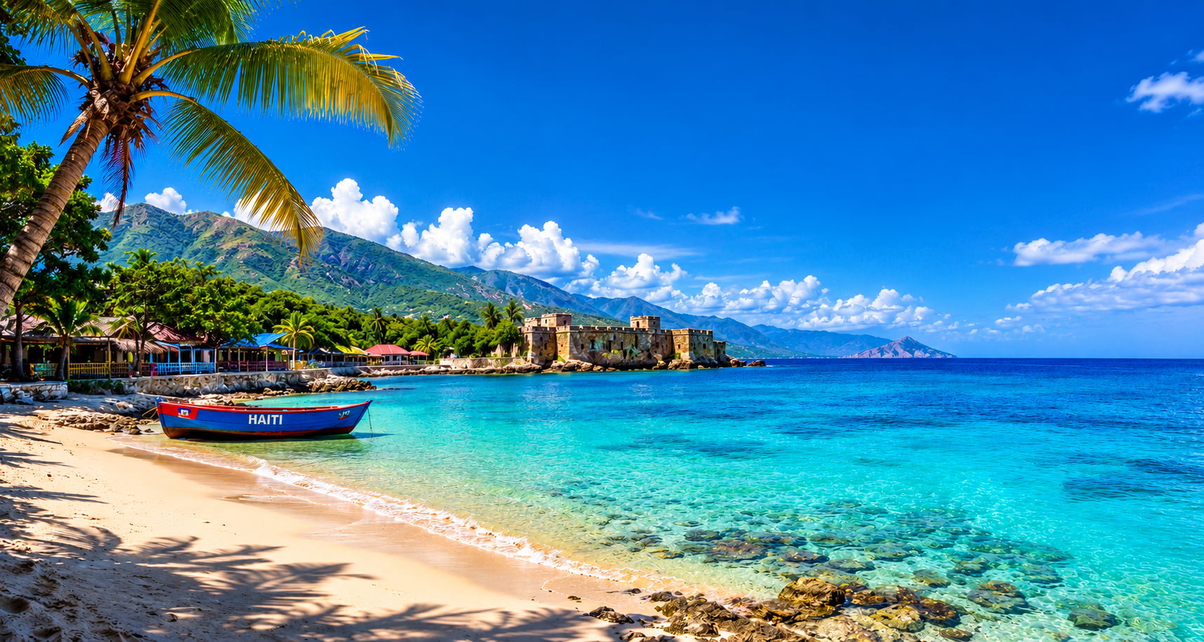 Haitian beach with palm trees, a boat marked Haiti, a coastal fortress and turquoise Caribbean water