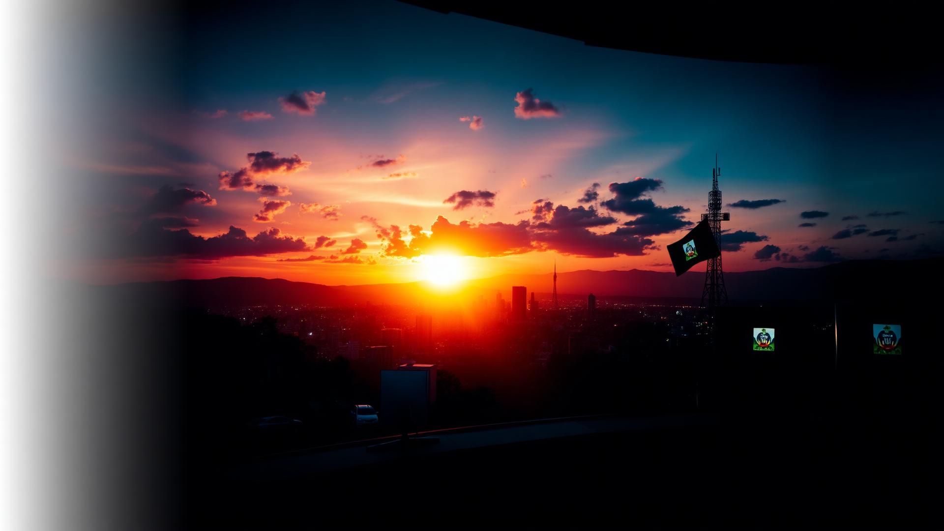 Radio Tele Ole Haiti broadcast at golden hour over a Haitian skyline